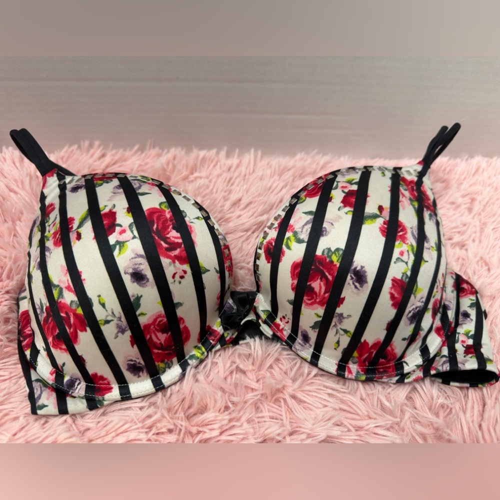 Victoria's‎ Secret Very Sexy Push-Up Black Red Floral Striped Bra Sz 34D EUC